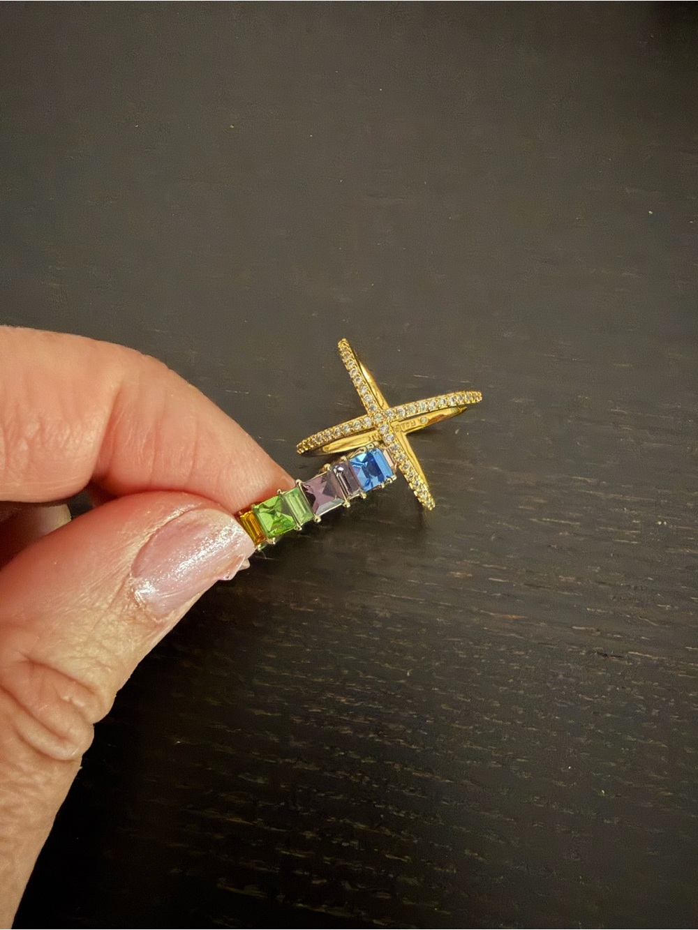 BaubleBar Gold-Tone Multicolor CZ Cross Ring and rainbow eternity ring